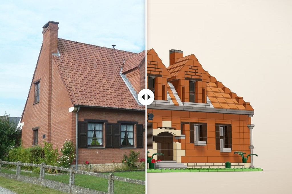 Links das Foto eines Backsteinhauses, rechts dasselbe Haus als Bausatz aus Klemmbausteinen