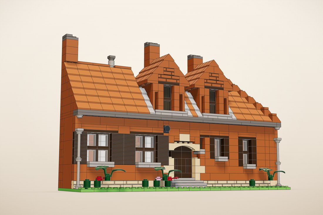 Hetzelfde landhuis als bouwmodel in steentjes, vanuit dezelfde hoek