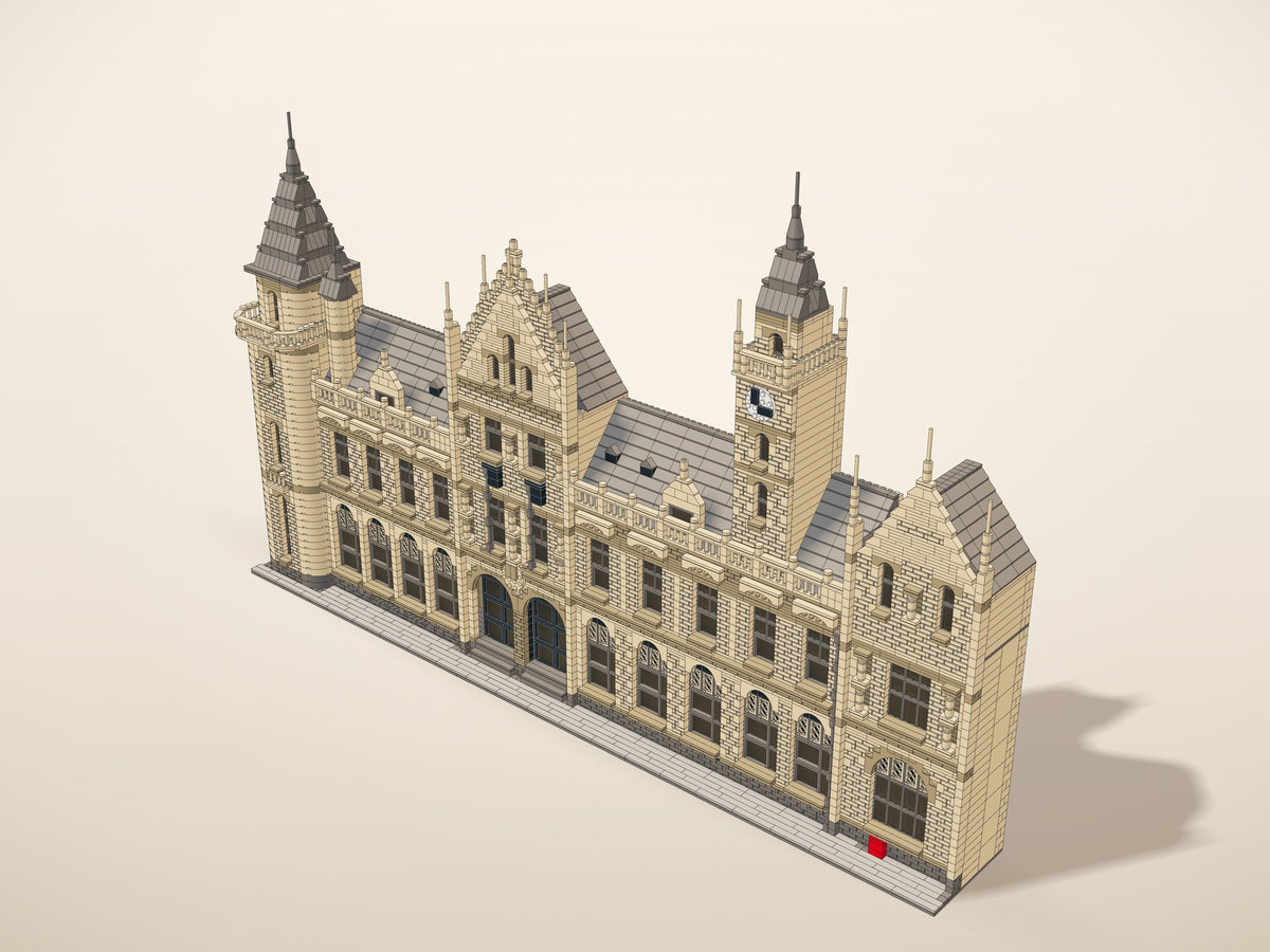 Die Alte Post in Gent als 3D-Entwurf aus Klemmbausteinen, mit ihren zwei Türmen und der Uhr