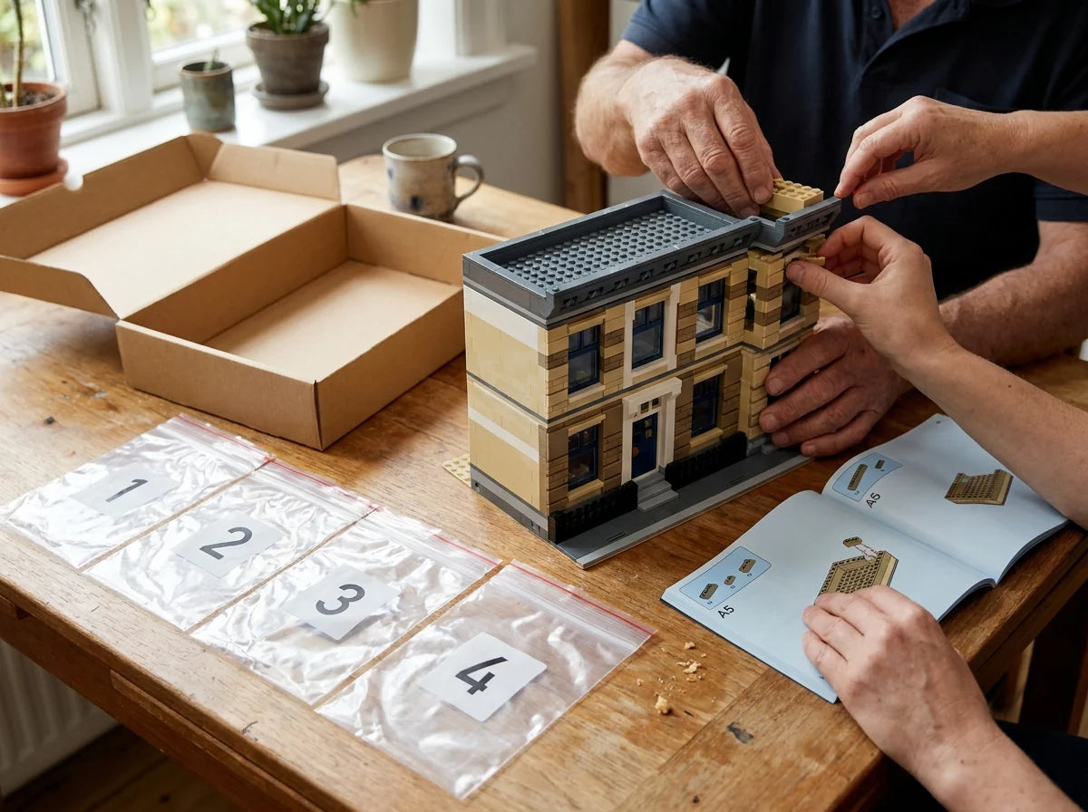 Geopende doos met genummerde zakjes 1 tot 4, een handleiding en een half gebouwd huis in bouwsteentjes