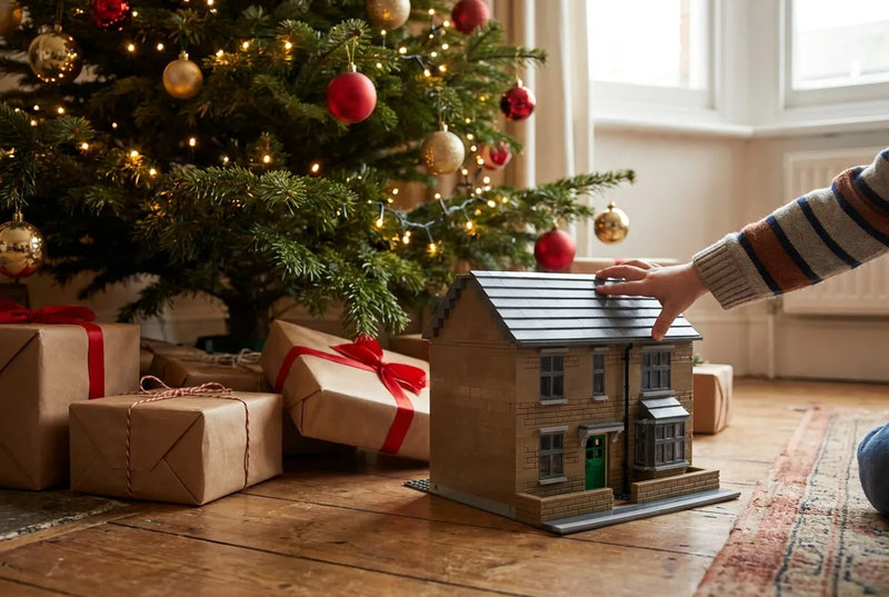 Bouwmodel van een halfopen huis tussen de cadeaus onder de kerstboom