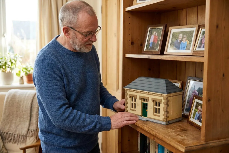 Man bekijkt het bouwmodel van het ouderlijk huis, een fermette, tussen familiefoto's op de boekenkast
