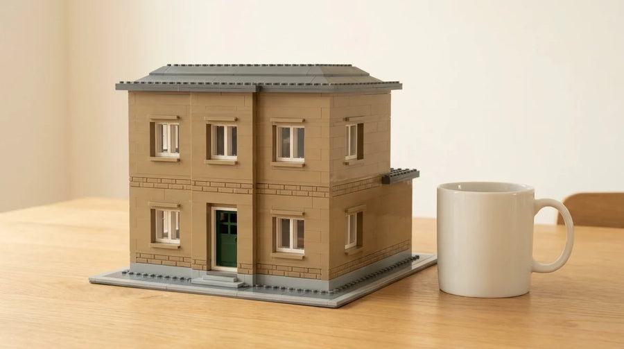 Pakket Heel huis: het volledige huis in bouwsteentjes op een kleine grondplaat, naast een koffiemok