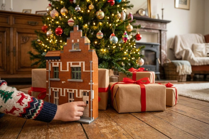 Bouwmodel van een huis met trapgevel tussen de cadeaus onder de kerstboom