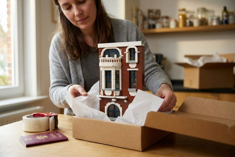 Vrouw pakt het bouwmodel van haar huis in voor een verhuis naar het buitenland