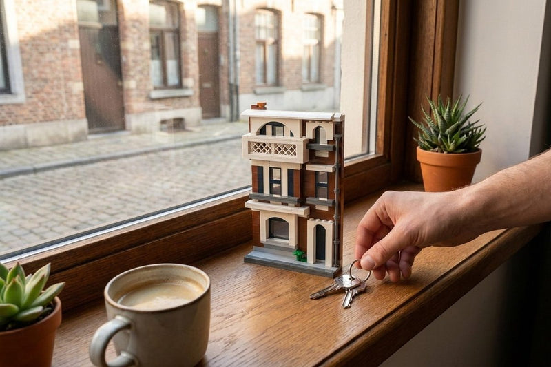 Een hand legt de nieuwe huissleutels naast een klein bouwmodel van het huis op de vensterbank
