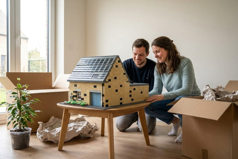 Jong koppel pakt tussen verhuisdozen het bouwmodel van hun nieuwe huis uit
