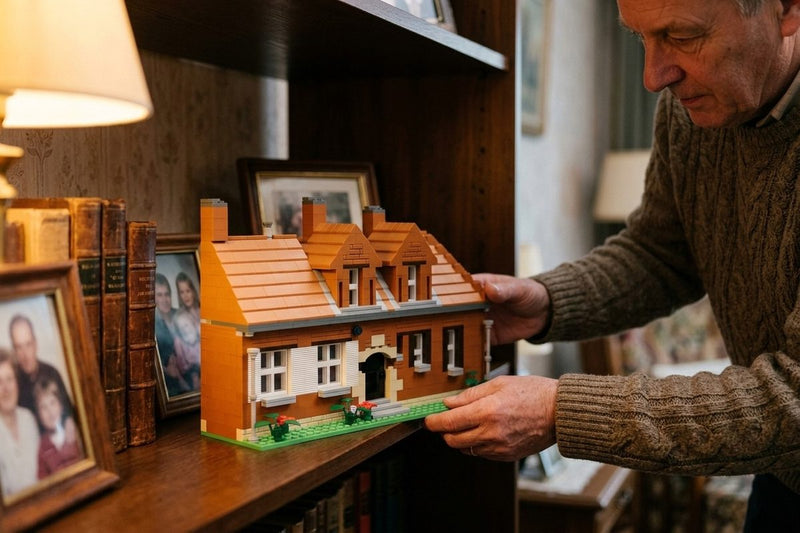 Man zet het bouwmodel van het ouderlijk huis tussen familiefoto's op de boekenkast