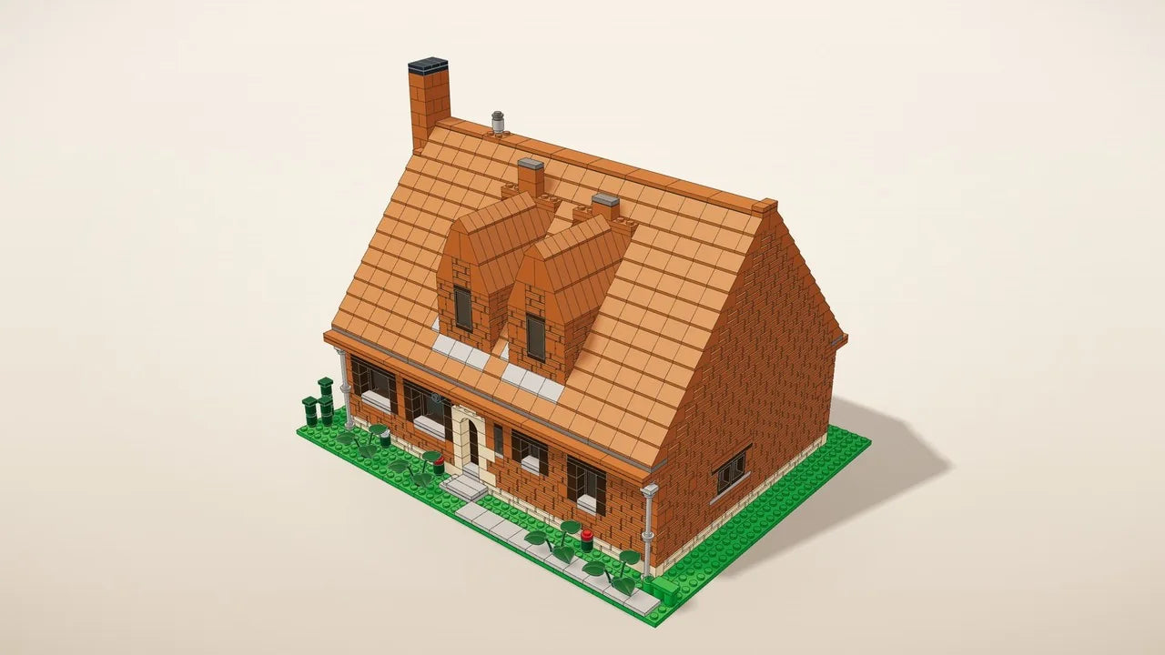 Complete kit: the whole house in building bricks on a small base plate, next to a coffee mug