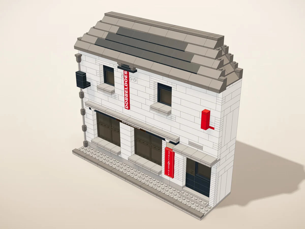 Design 3D en petites briques du café Dobbeldoes à Westerlo, son nom sur la façade en autocollant