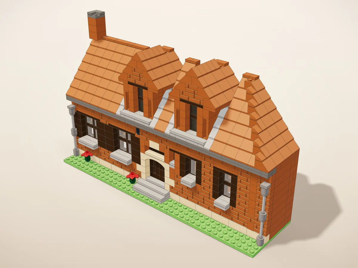3D-ontwerp in blokjes van de gevel van een bakstenen landhuis met dakkapellen