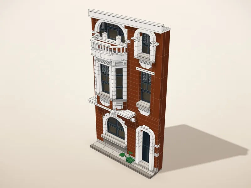 Design 3D d’une maison de maître en petites briques, avec oriel, balcon et fenêtres cintrées