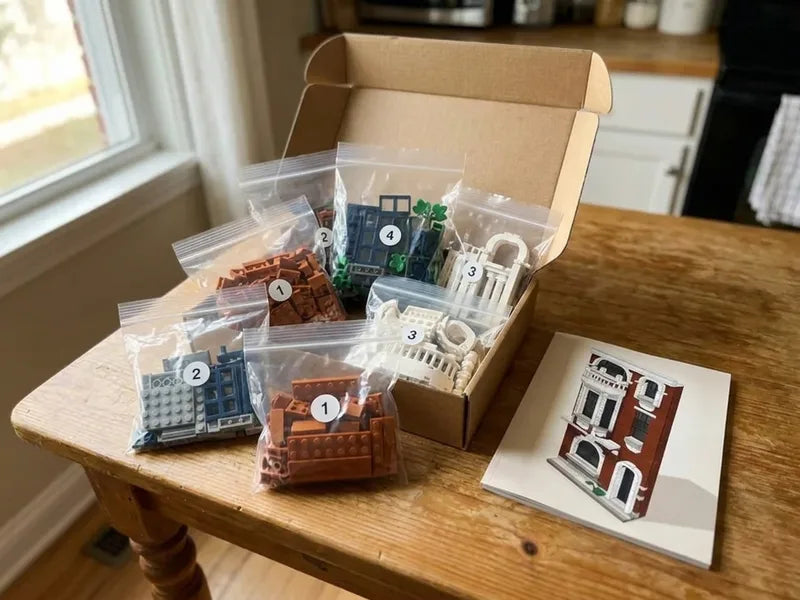 Boîte avec des sachets de briques de construction et la façade en petites briques sur une table de cuisine