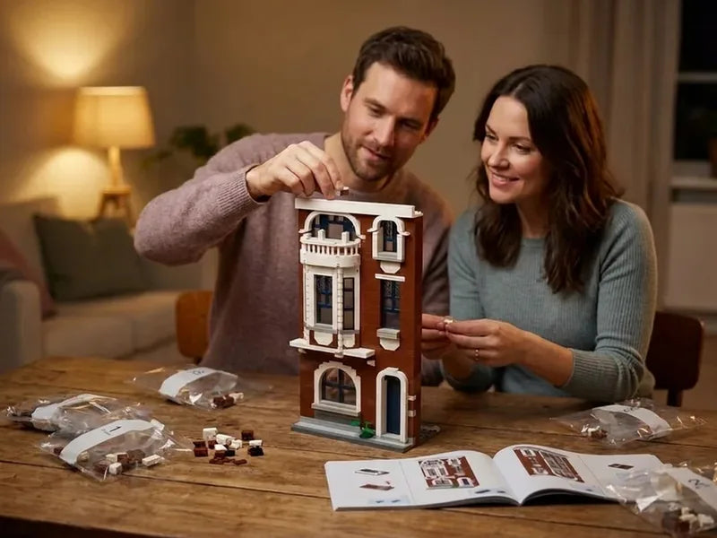Un couple construit sa propre maison en petites briques sur la table de la cuisine